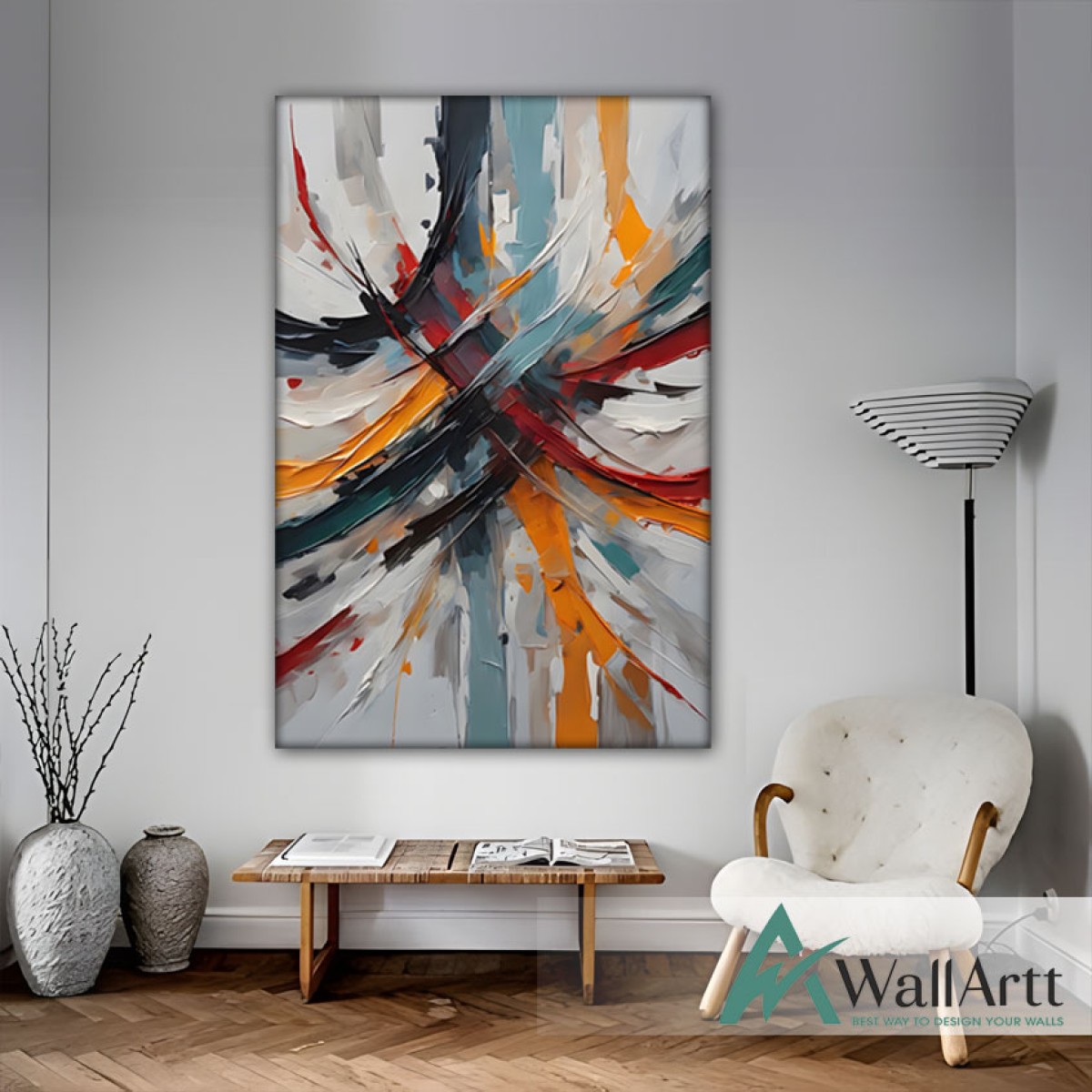 White Orange Abstract 3d Heavy Textured Partial Oil Painting - Wall Art